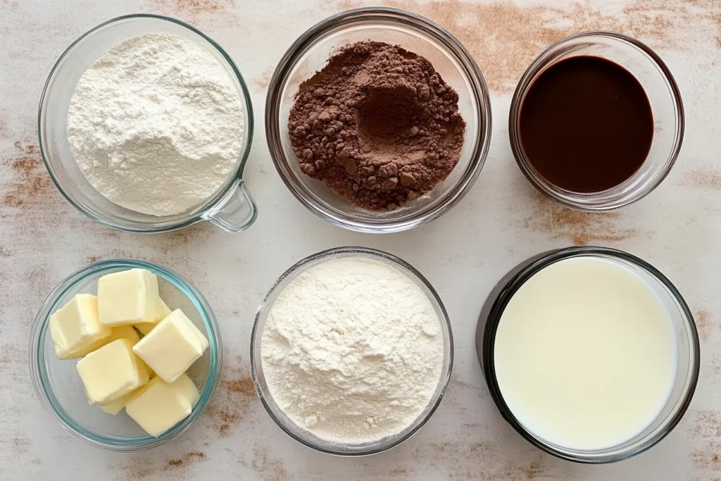 Ingredients for biscuits and chocolate gravy, including flour, butter, cocoa powder, and sugar, arranged on a wooden table.