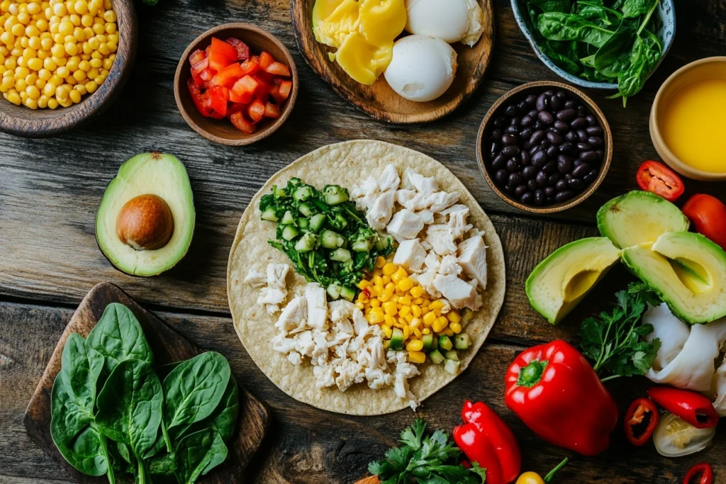 op-down view of fresh ingredients for a high protein breakfast burrito arranged on a wooden table.