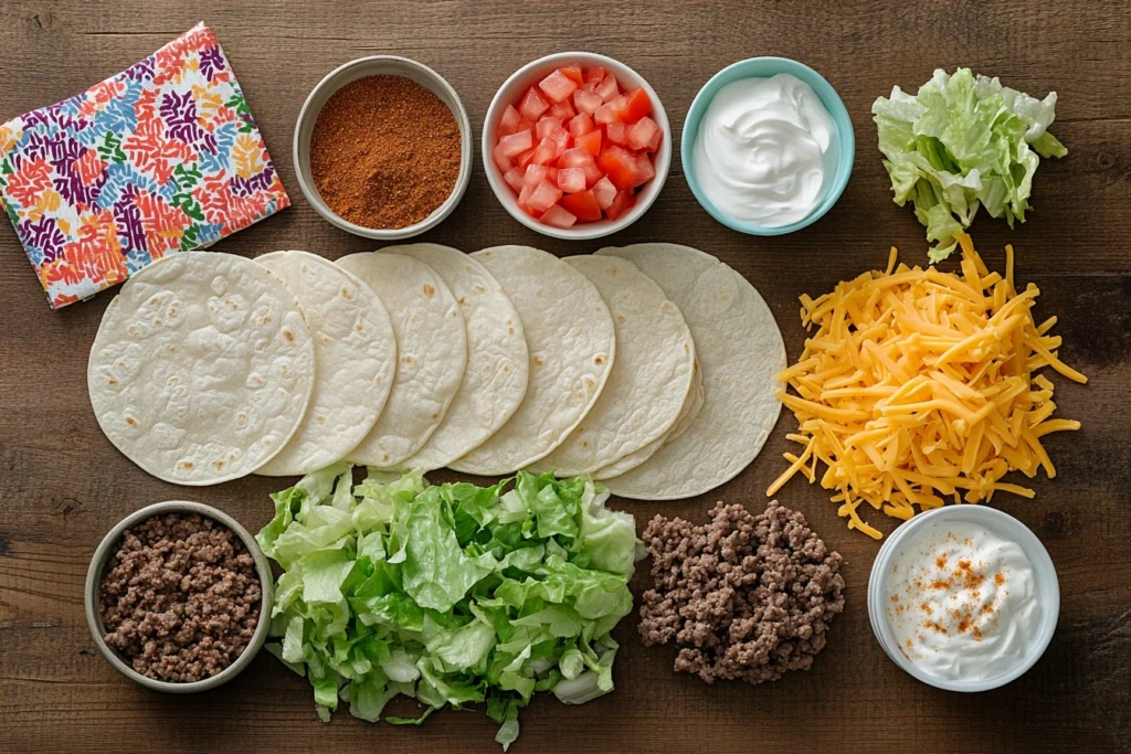 Ingredients for mini tacos, including tortillas, ground beef, cheese, lettuce, and tomatoes, arranged on a rustic wooden table.