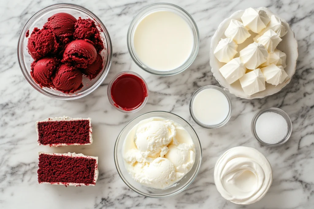 Flat lay of ingredients for red velvet cake ice cream preparation.