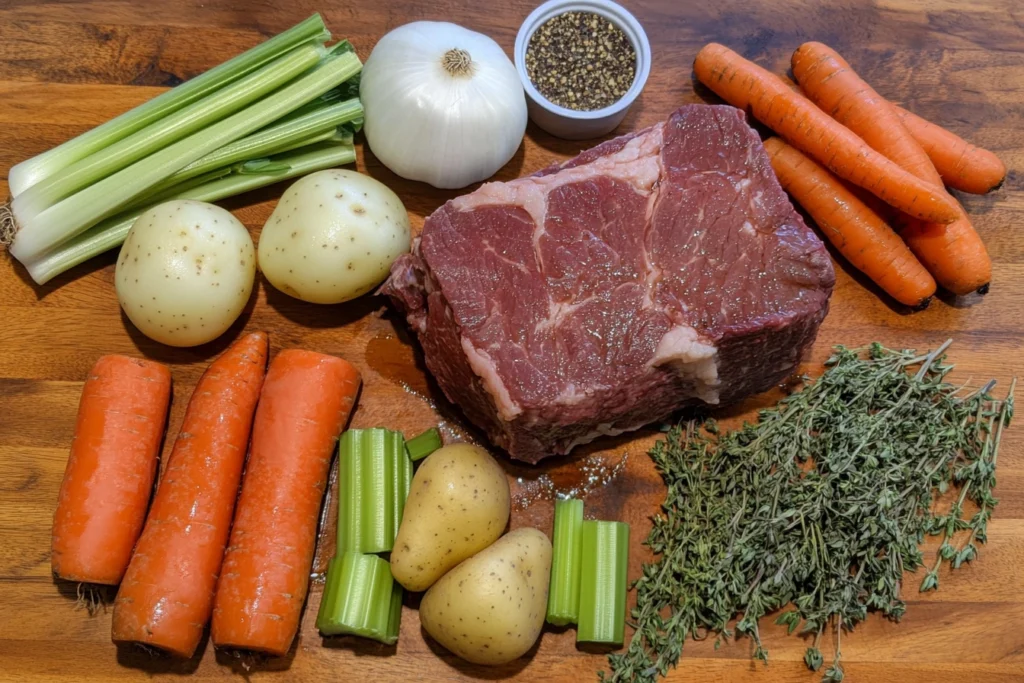 Fresh ingredients for stove top pot roast including chuck roast, vegetables, and herbs arranged on a wooden countertop.