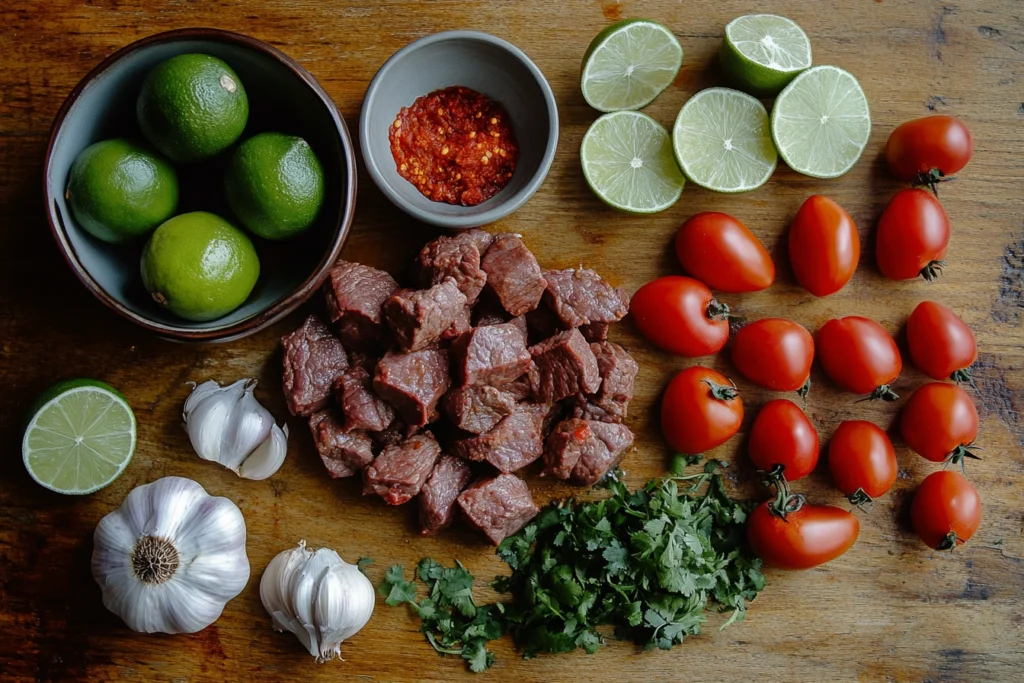 Key ingredients for Mexican Beef Stew on a rustic wooden surface.