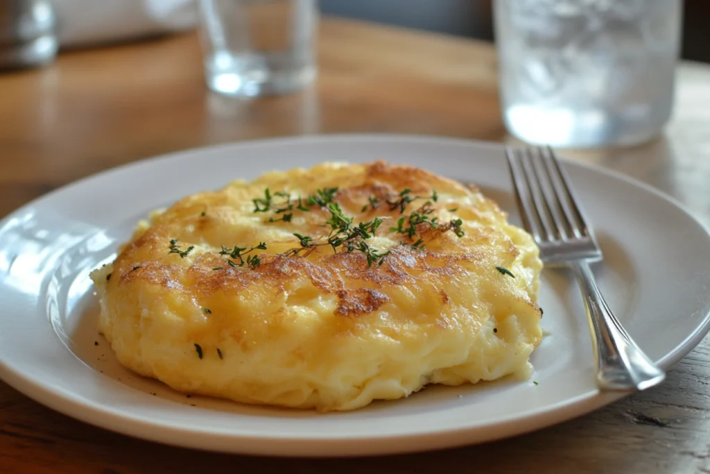 Fluffy omelet on a plate garnished with fresh herbs.