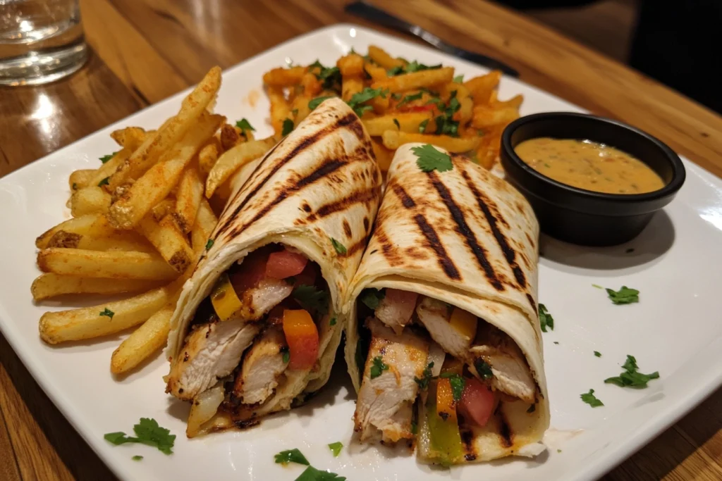 Sliced grilled chicken wrap on a plate with fries and dipping sauce.