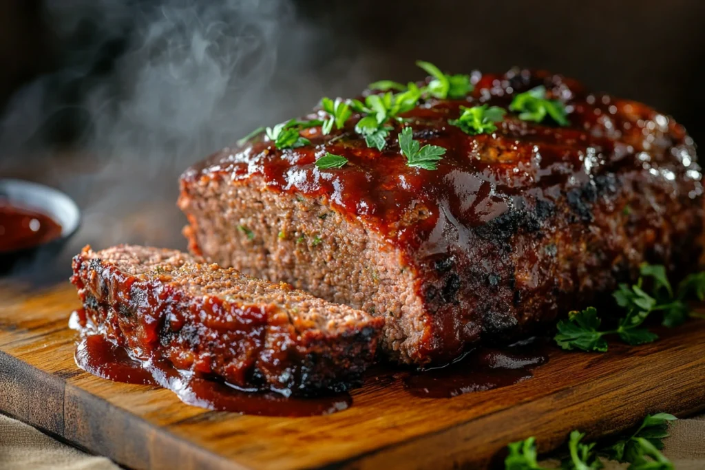 Sliced smoked meatloaf with juicy interior and BBQ sauce on a wooden cutting board.