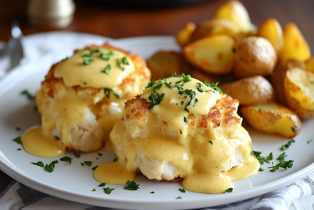 Plated Crab Cake Eggs Benedict with hollandaise sauce and roasted potatoes.