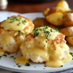 Plated Crab Cake Eggs Benedict with hollandaise sauce and roasted potatoes.