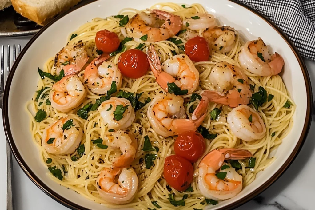 Plated Olive Garden Shrimp Scampi on a white ceramic dish.