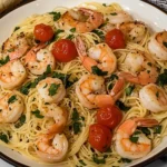 Plated Olive Garden Shrimp Scampi on a white ceramic dish.