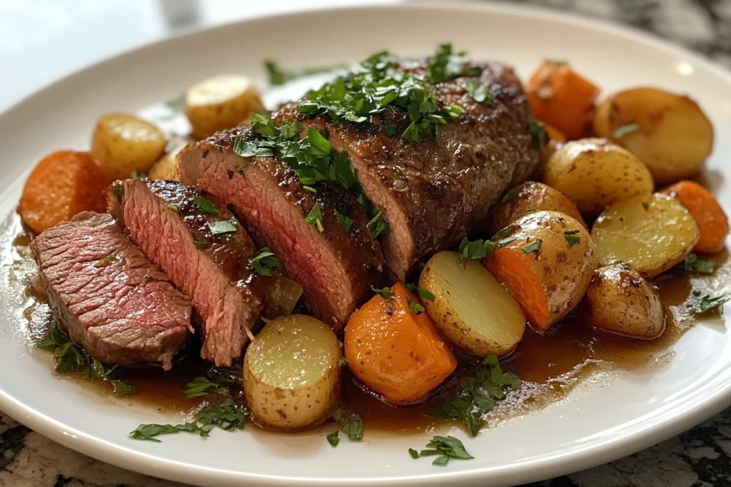 A plated stove top pot roast with slices of beef, potatoes, carrots, and fresh parsley garnish.