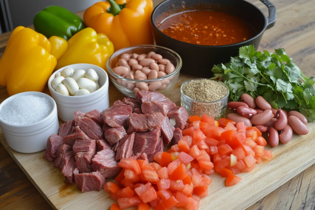  Ingredients for beef brisket chili including raw brisket, spices, vegetables, and beans.