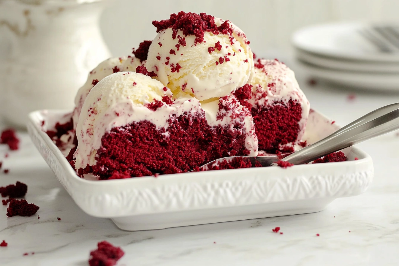 Bowl of red velvet cake ice cream garnished with cake crumbs and cream cheese swirls.