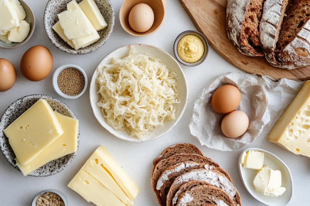 Ingredients for a sauerkraut egg cheese sandwich including bread, sauerkraut, eggs, cheese, and mustard.