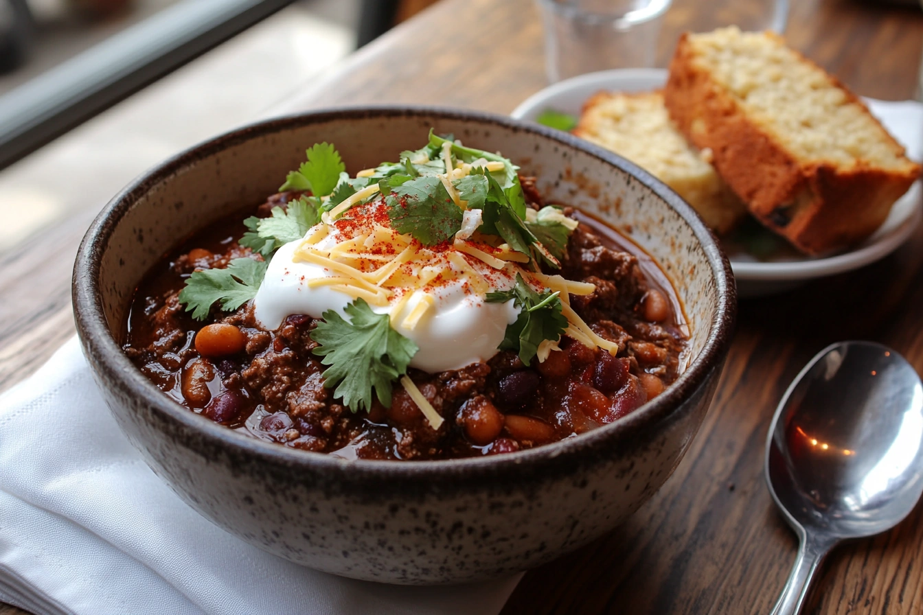 Bowl of beef brisket chili garnished with sour cream, cheese, and cilantro, served with cornbread.