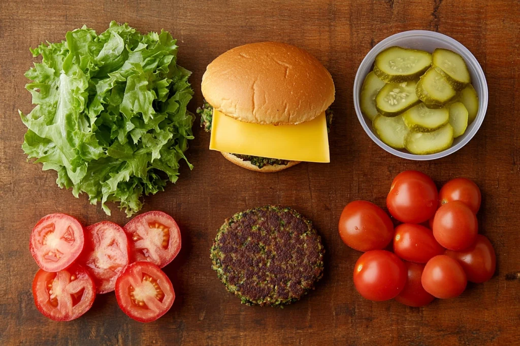 Ingredients for Shake Shack veggie burger including patty, lettuce, tomato, pickles, cheese, and bun.