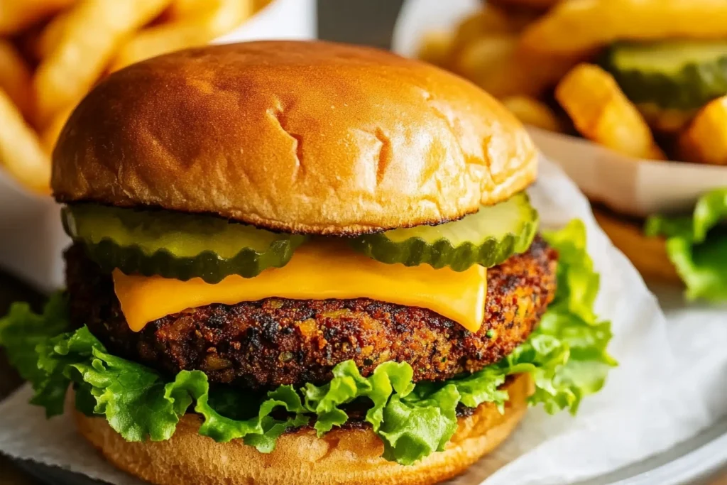 A Shake Shack veggie burger served with fries and lemonade on a wooden board.