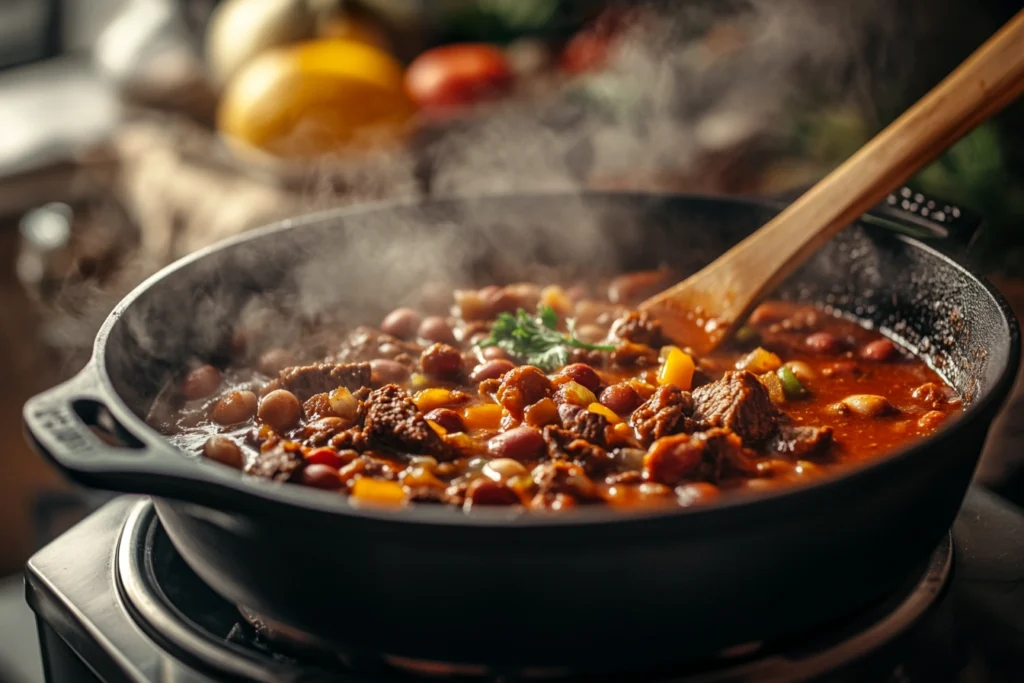 Beef brisket chili simmering in a cast iron pot with visible vegetables and beans.