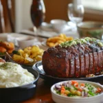 Family-style dinner table with smoked meatloaf, mashed potatoes, and roasted vegetables.