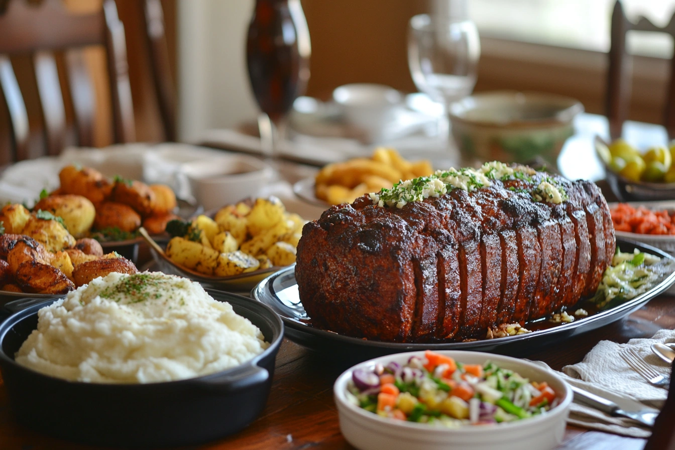 Family-style dinner table with smoked meatloaf, mashed potatoes, and roasted vegetables.