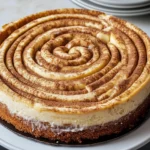 Whole cinnamon roll cheesecake with powdered sugar and glaze drizzle.