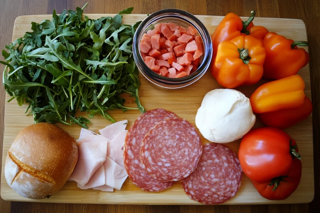 Fresh ingredients for a ham, salami, and turkey sandwich arranged on a wooden countertop.