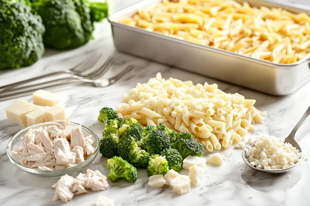 Ingredients for chicken Alfredo pasta casserole, including pasta, chicken, Parmesan, cream, butter, garlic, and fresh parsley.