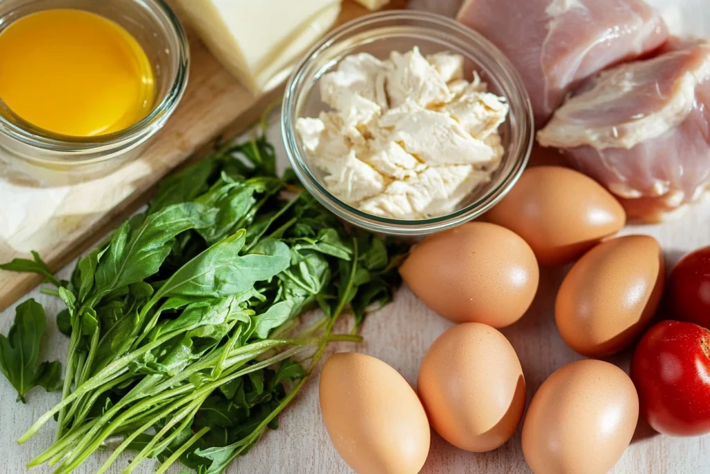 Fresh ingredients for chicken frittata on a wooden cutting board.