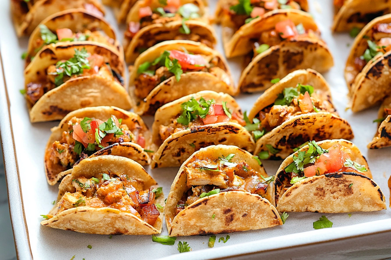 Freshly prepared mini tacos served on a wooden platter with lime wedges, cilantro, and salsa in the background.