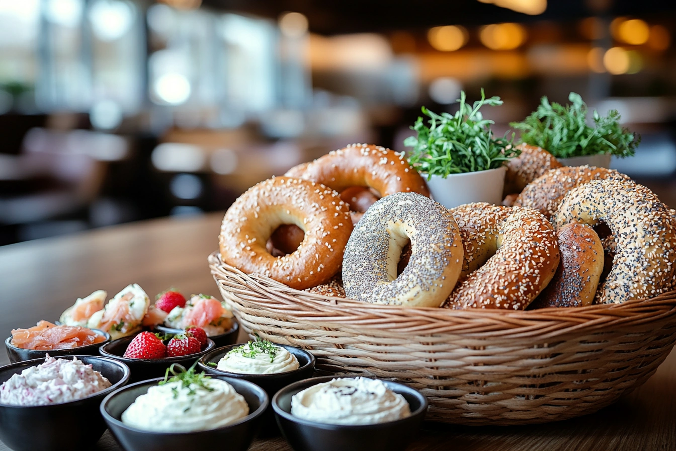 A selection of bagels with different cream cheese flavors in small bowls.