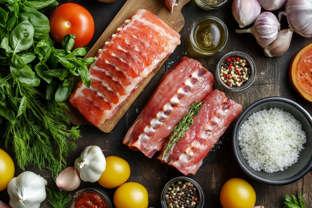 Top view of fresh ingredients for BBQ rib sandwich arranged on a rustic table.