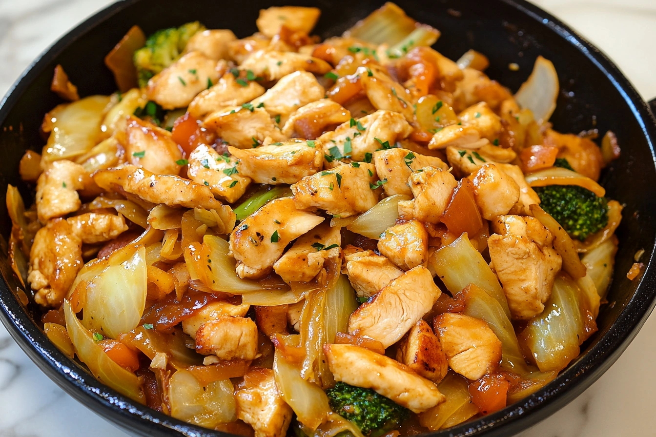 A plated dish of chicken cabbage stir fry garnished with green onions and sesame seeds.