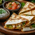 Sliced chicken quesadilla served with guacamole, salsa, and sour cream.