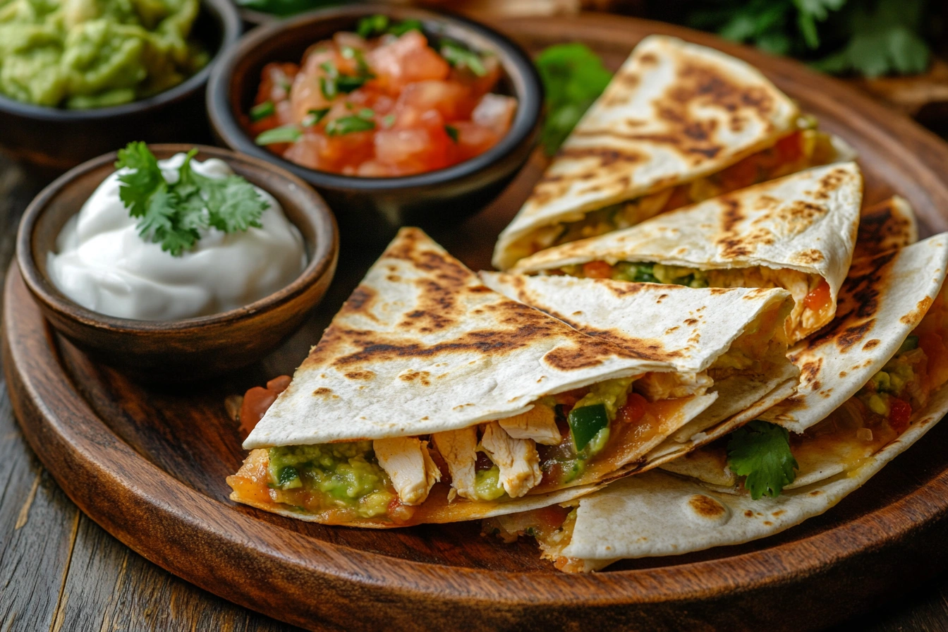 Sliced chicken quesadilla served with guacamole, salsa, and sour cream.