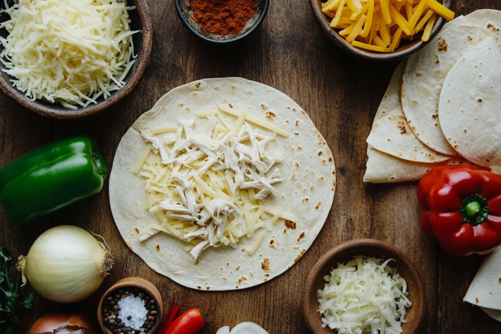 Fresh ingredients for making a chicken quesadilla, including cheese, chicken, tortillas, and spices.