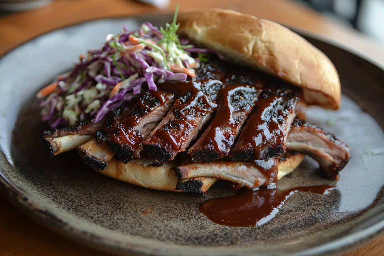 Plated BBQ rib sandwich with coleslaw and drizzled sauce, served on a rustic plate.