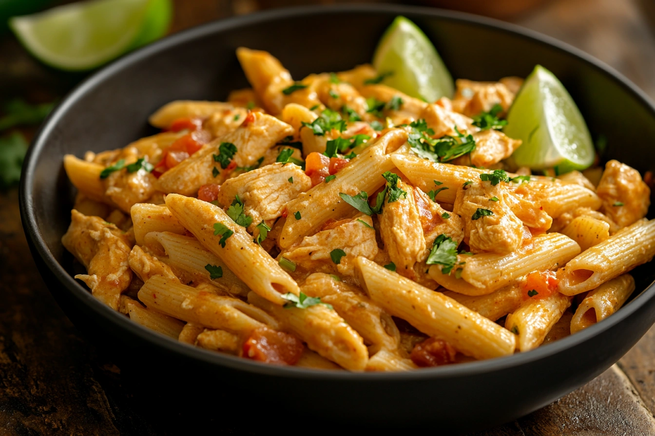 Plated chicken fajita pasta garnished with cilantro and lime.