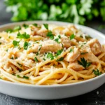 Plated garlic parmesan chicken pasta garnished with chopped parsley and extra parmesan.