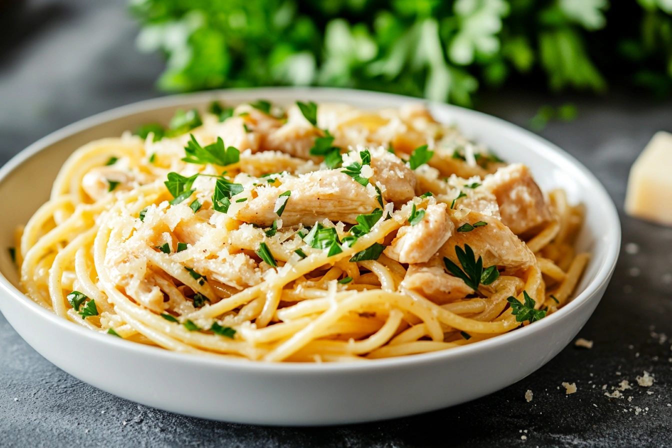 Plated garlic parmesan chicken pasta garnished with chopped parsley and extra parmesan.