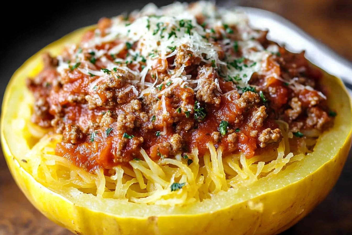 Plated spaghetti squash with meat sauce garnished with fresh basil and grated Parmesan