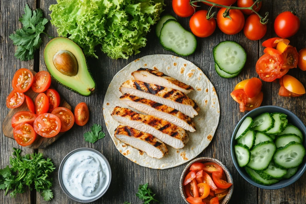 Ingredients for a healthy grilled chicken wrap laid on a wooden table.