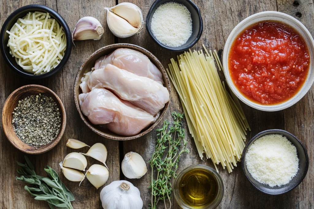 Top-down view of ingredients for garlic parmesan chicken pasta arranged on a rustic wooden table.