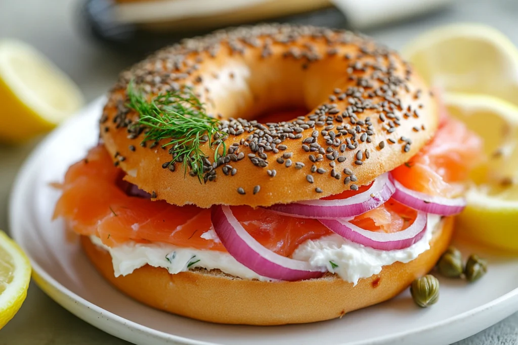 A sesame bagel with cream cheese, smoked salmon, onions, and capers.