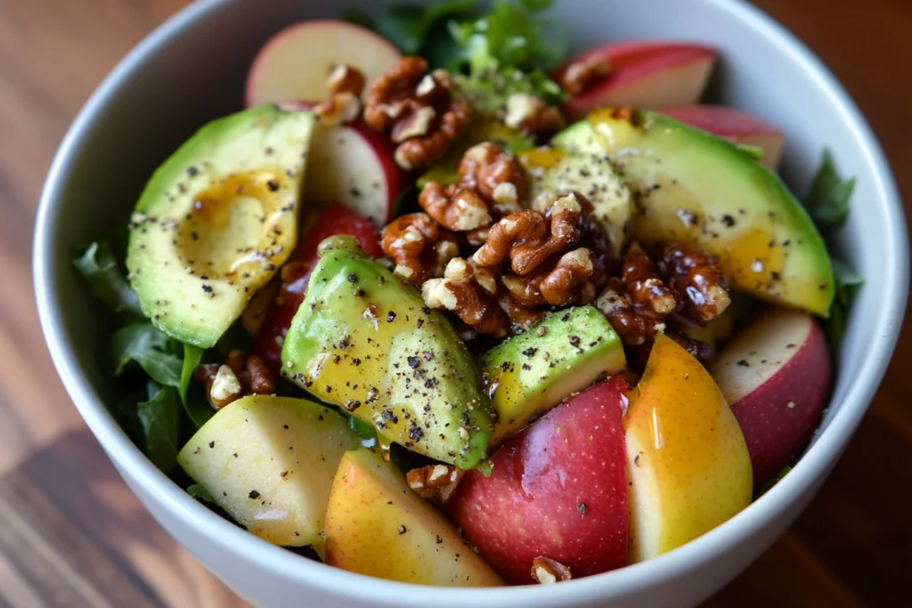 A colorful avocado and apple salad with walnuts