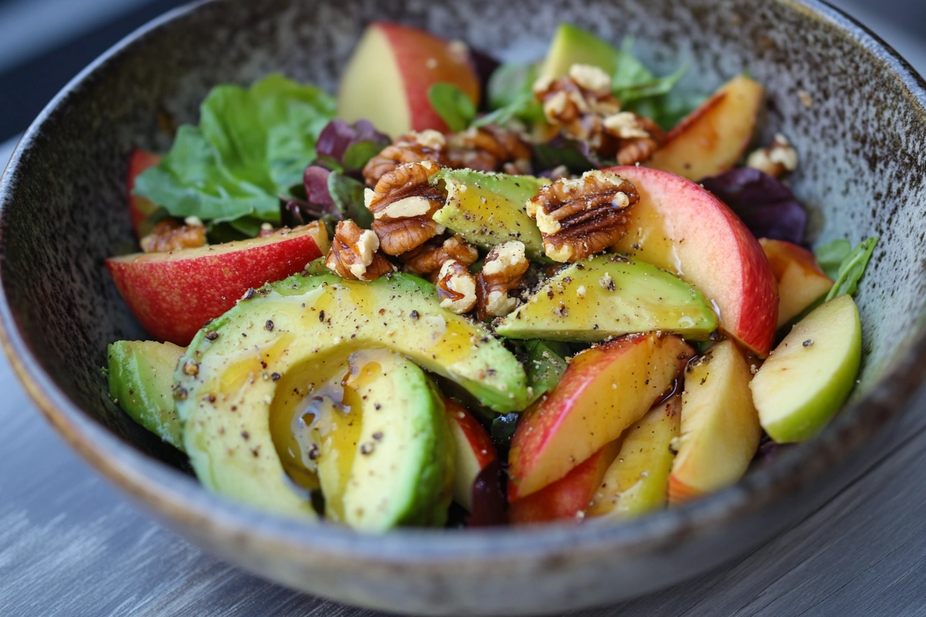 A colorful avocado and apple salad with walnuts and greens.