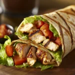 Freshly made grilled chicken wrap with fresh veggies on a wooden plate.