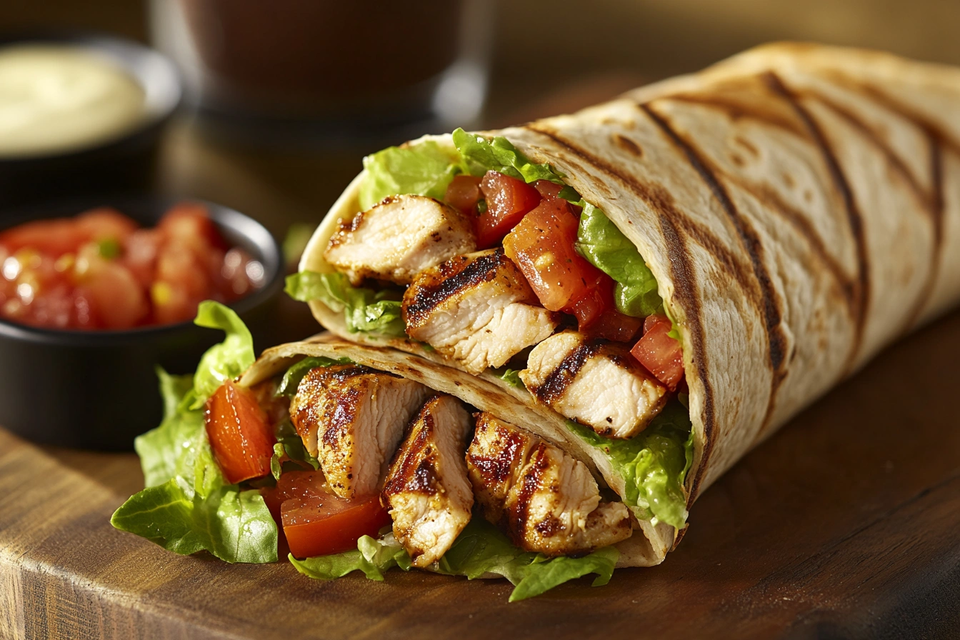 Freshly made grilled chicken wrap with fresh veggies on a wooden plate.