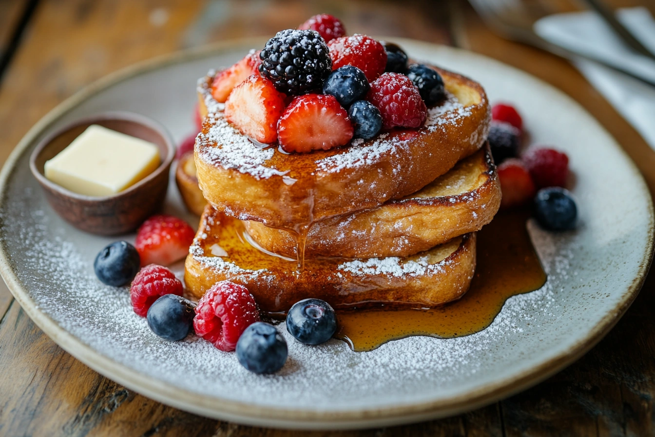 A plate of golden-brown sourdough French toast drizzled with maple syrup and topped with berries.