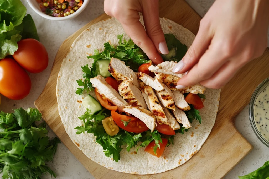 A person assembling a grilled chicken wrap with fresh vegetables.