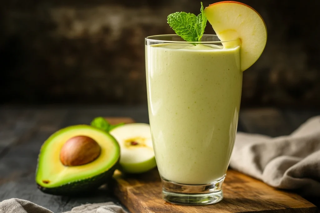 A creamy avocado and apple smoothie garnished with an apple slice and mint.