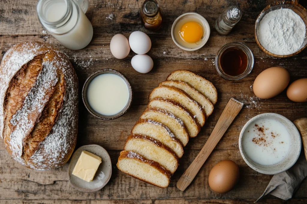 Sourdough bread slices and French toast ingredients on a wooden cutting board.